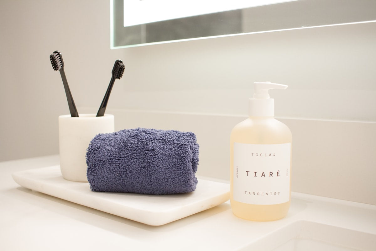 Bathroom counter with organized accessories
