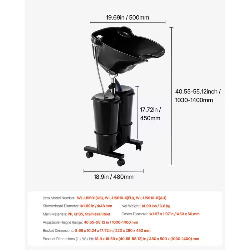 Portable Shampoo Bowl, Electric Pump Sink for Hair Washing, 2 Buckets 2 Showerheads Adjustable Height and Angle, Black