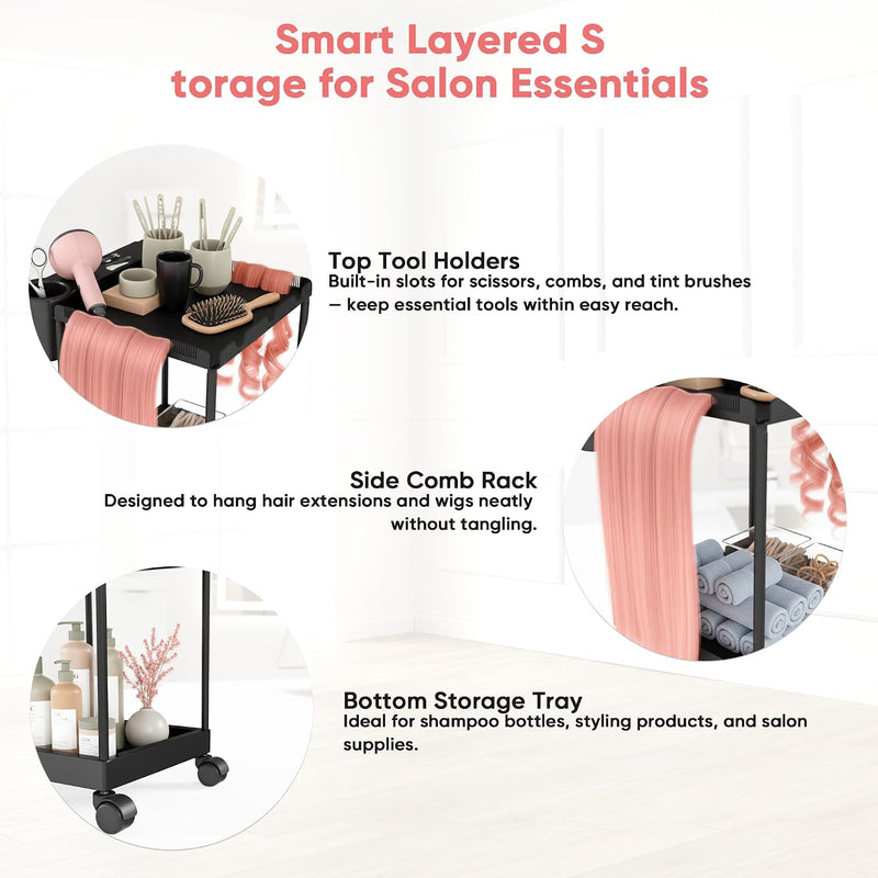 Rolling Utility Salon Cart w/ 3 Tier Storage 