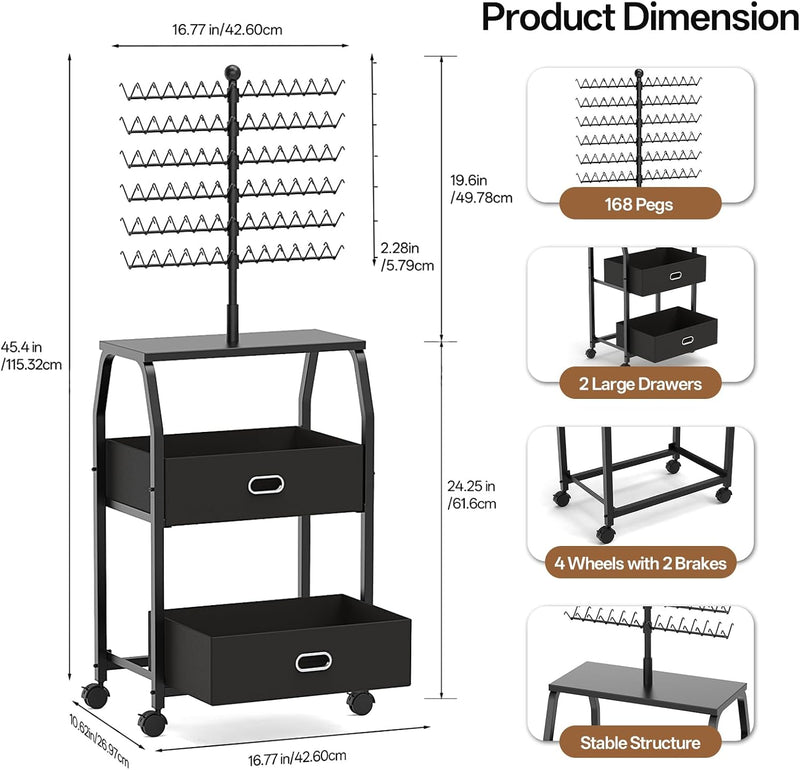 Portable Braiding Hair Rack - 168 Pegs w/ Wheels & Storage Drawers