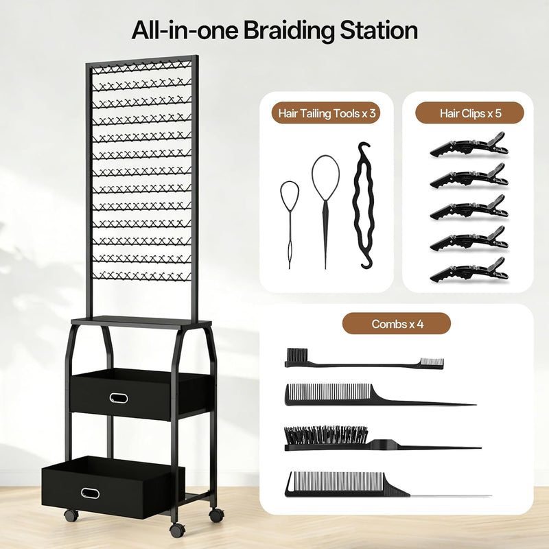 Braiding Hair Rack w/ Wheels & Storage - 2 Sided & 286 Pegs  