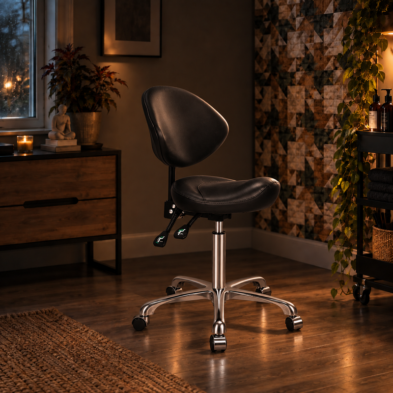 Saddle Stool Chairs - Adjustable w/ Ergonomic Back Support for Home Salon (Black)