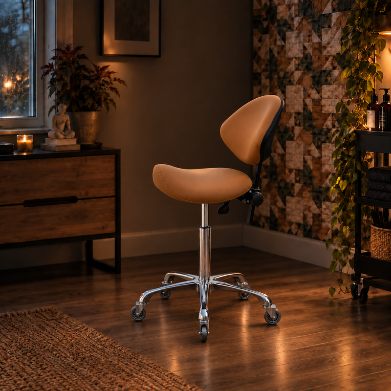 Saddle Stool Chairs - Adjustable w/ Ergonomic Back Support for Home Salon (Camel)