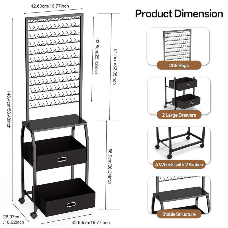 Braiding Hair Rack w/ Wheels & Storage - 2 Sided & 286 Pegs  