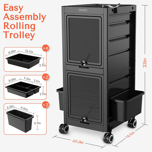 Lockable Salon Trolley Cart - Drawers & Bucket Storage