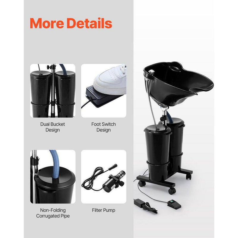 Portable Shampoo Bowl, Electric Pump Sink for Hair Washing, 2 Buckets 2 Showerheads Adjustable Height and Angle, Black