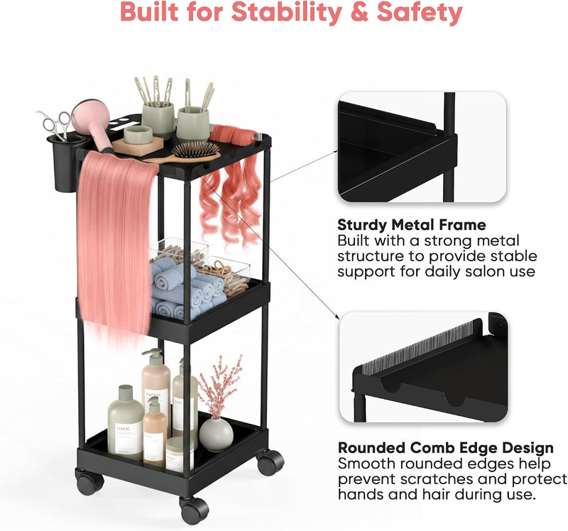 Rolling Utility Salon Cart w/ 3 Tier Storage 