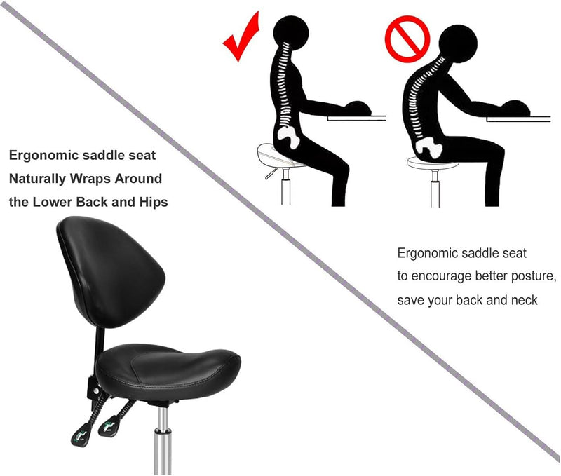 Saddle Stool with Back Support: Rolling Saddle Chair with Wheels