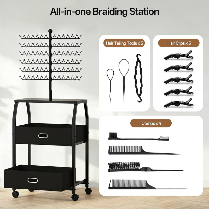 Portable Braiding Hair Rack - 168 Pegs w/ Wheels & Storage Drawers