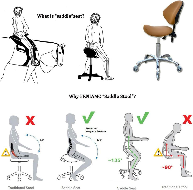 Saddle Stool Chairs - Adjustable w/ Ergonomic Back Support for Home Salon (Camel)